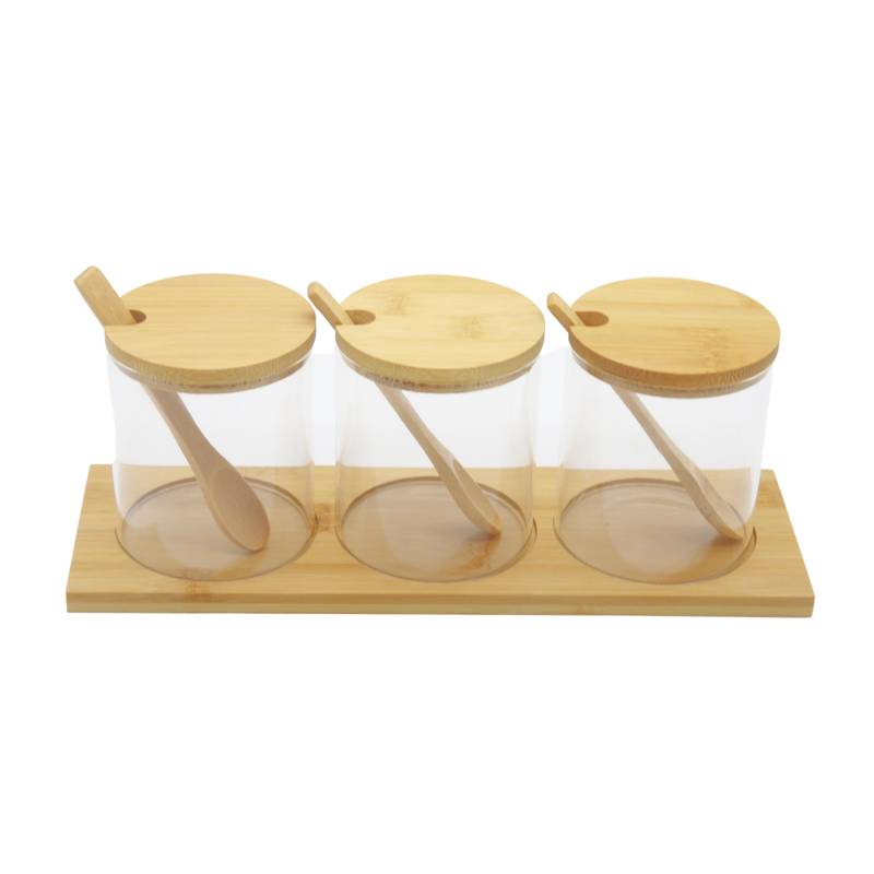 [HA3829] Especiero de vidrio y bambú con cuchara x3 con bandeja, en caja