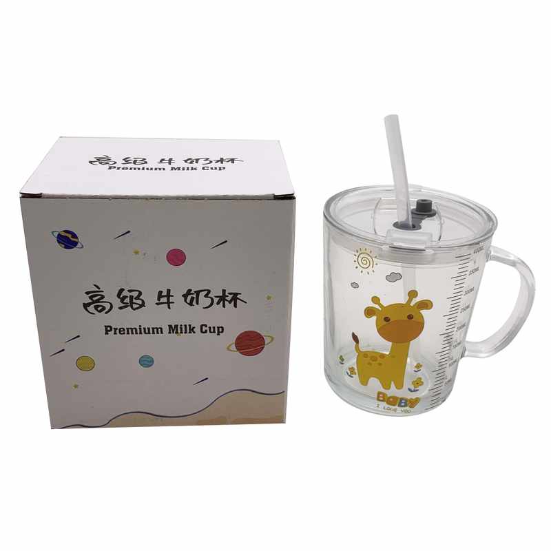 Taza infantil graduada de vidrio con sorbito 350ml, en caja varios diseños