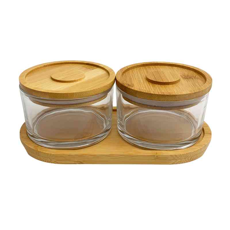 Frascos de vidrio x2 con tapa de bambú, con base de madera, en caja