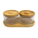 Frascos de vidrio x2 con tapa de bambú, con base de madera, en caja