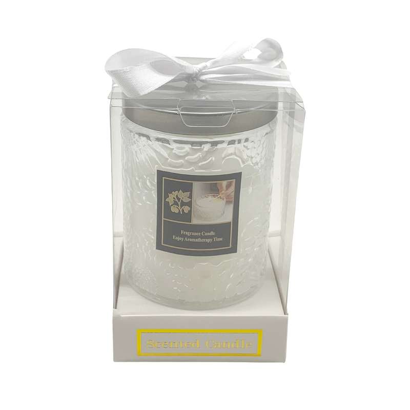 Vela aromática con frasco de vidrio, en caja PVC