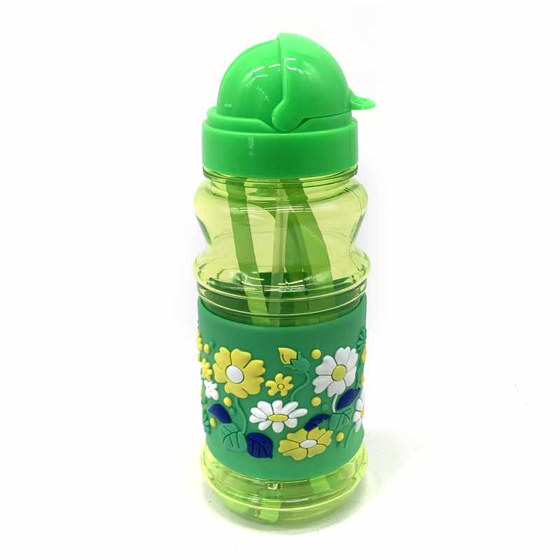 Botella deportiva infantil con sorbito,350ml varios diseños guarda de silicona, en bolsa