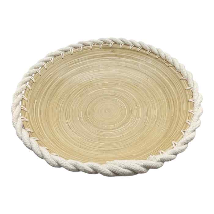 Cesto redondo de madera grande, con borde tejido