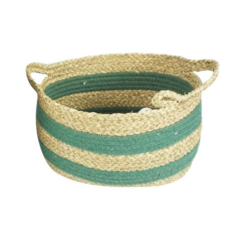 [HA4582] Cesto canasto franjas verdes grande, de fibras naturales, junco de agua