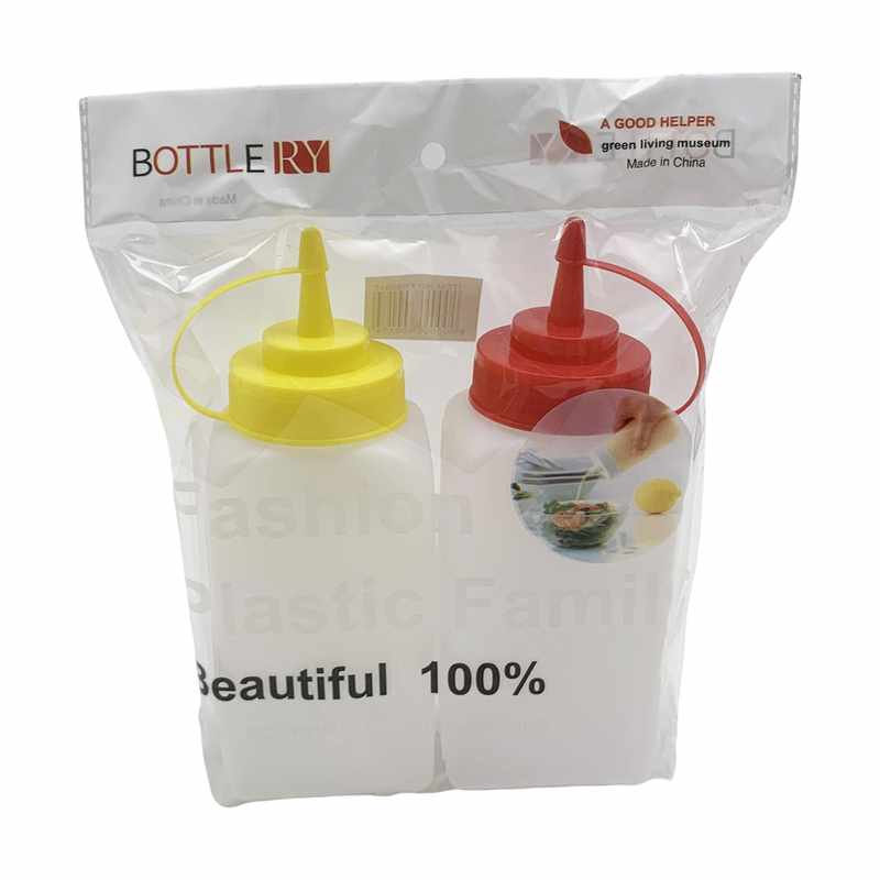 [HA4729] Botella dispensador de plástico con pico x2, 500ml para salsas, en bolsa