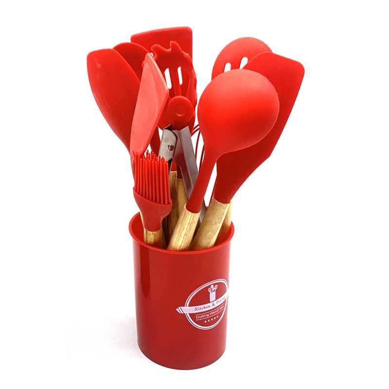 [HA4759] Cucharones utensilios de cocina x12 de silicona con mango de madera, en caja, varios colores