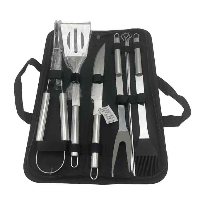 Set de parrilla x9 mango acero inoxidable, en estuche de tela con cierre