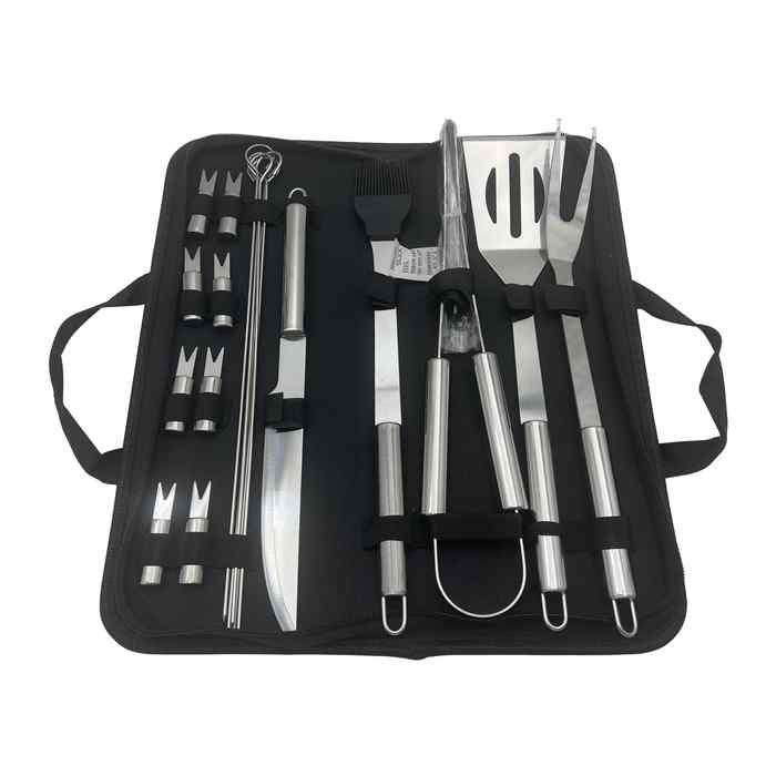 Set de parrilla 18 piezas, mango acero inoxidable, en estuche de tela con cierre