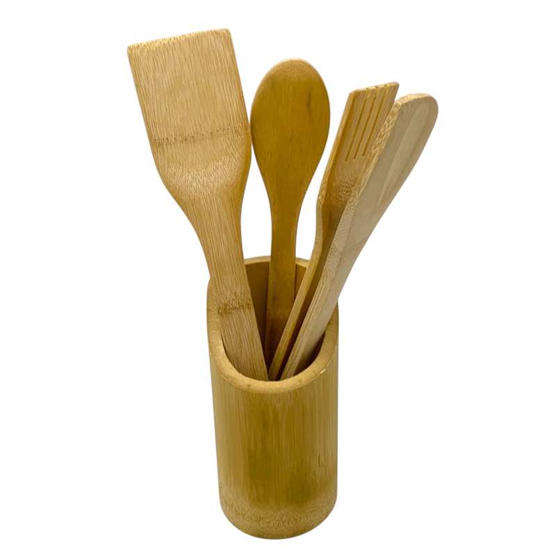 [HA4884] Cucharas de madera bambú x4, con soporte, en red