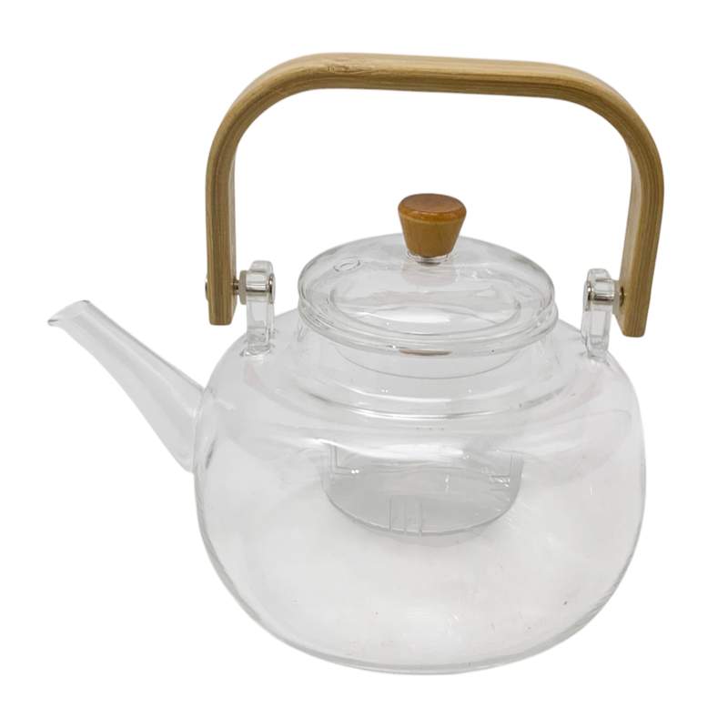[HA4947] Tetera de vidrio con filtro, 900ml, mango de madera, en caja