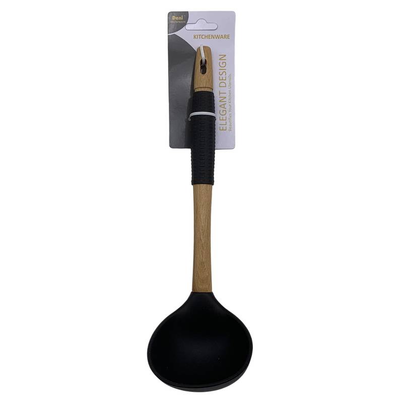 Cucharón de silicona, mango combinado madera y silicona, en cartón
