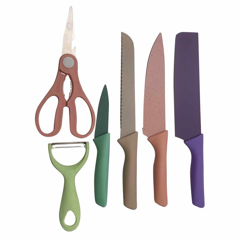 [HA5304] Pelapapas, tijera y 4 cuchillos chef, de acero inoxidable con recubrimiento antiaherente de fibra de trigo, en caja