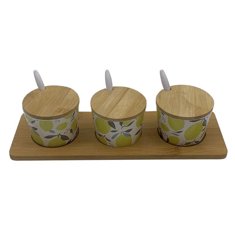 [HA5349] Especiero de fibra de bambú x3, con bandeja y cuchara, con diseños