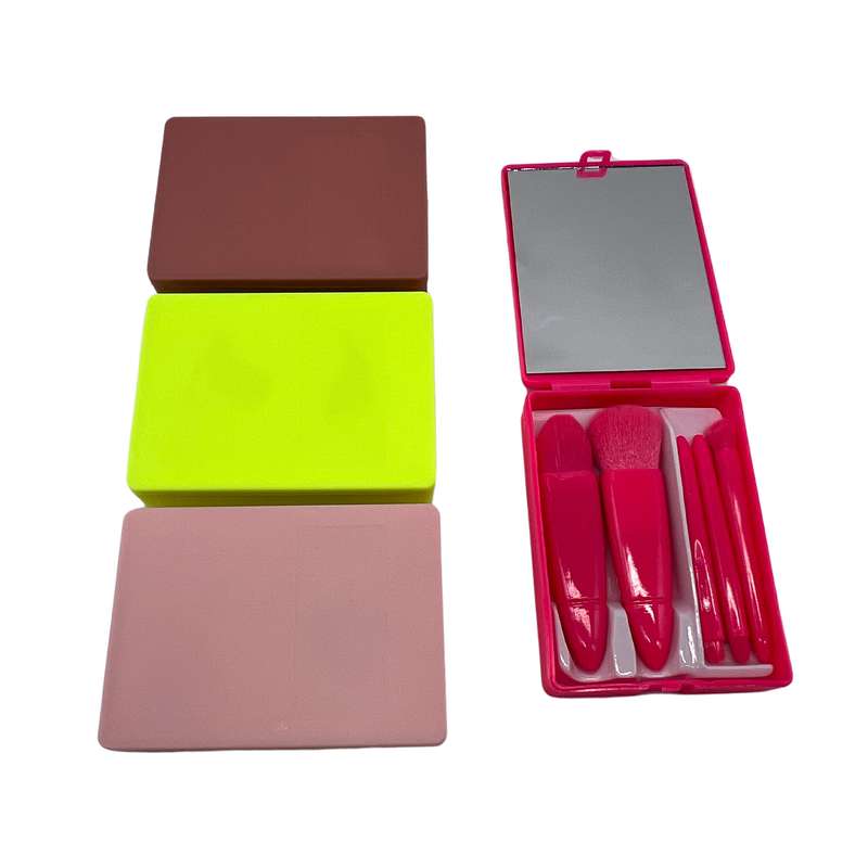 [HC1597] Pincel de maquillaje x5 en estuche de plástico con espejo, varios colores