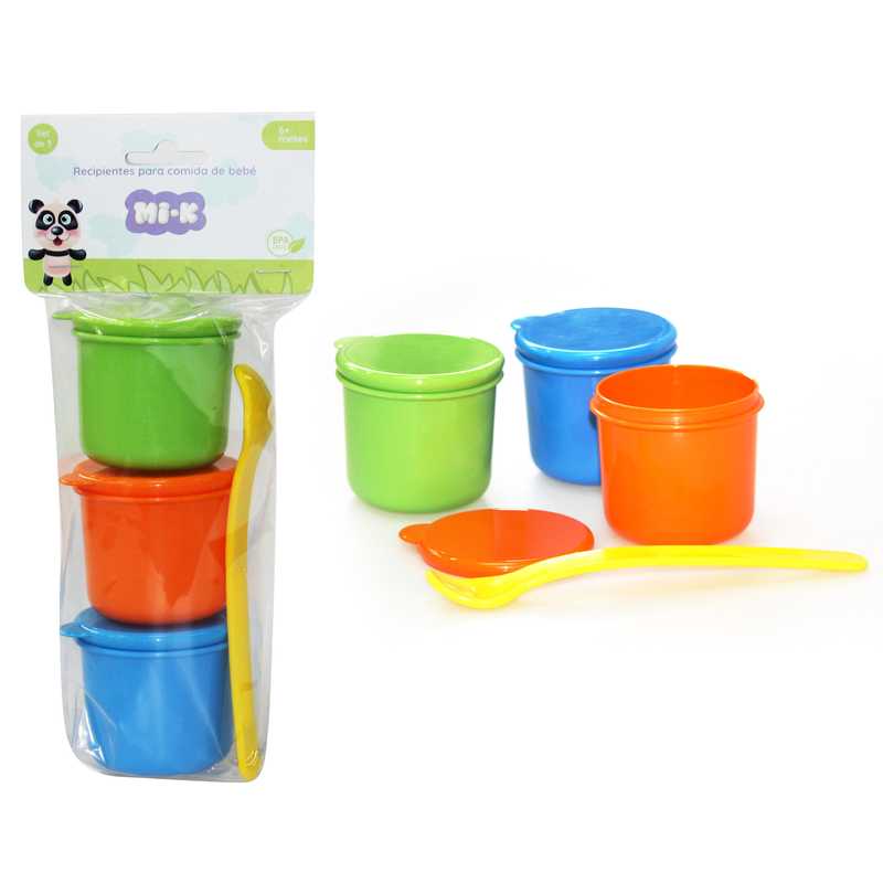 [HC1621] Vianda recipiente de plástico x3 con cuchara, MI-K en bolsa, varios colores
