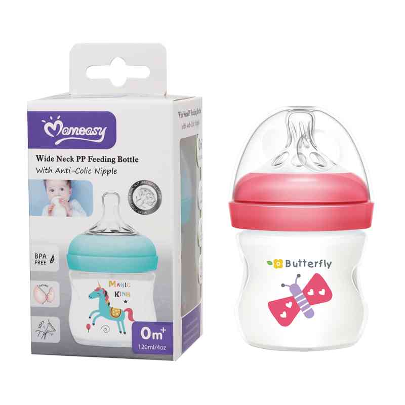 [HC1675] Mamadera de plástico 120ml tetina natural boca ancha, en caja, varios colores MOMEASY