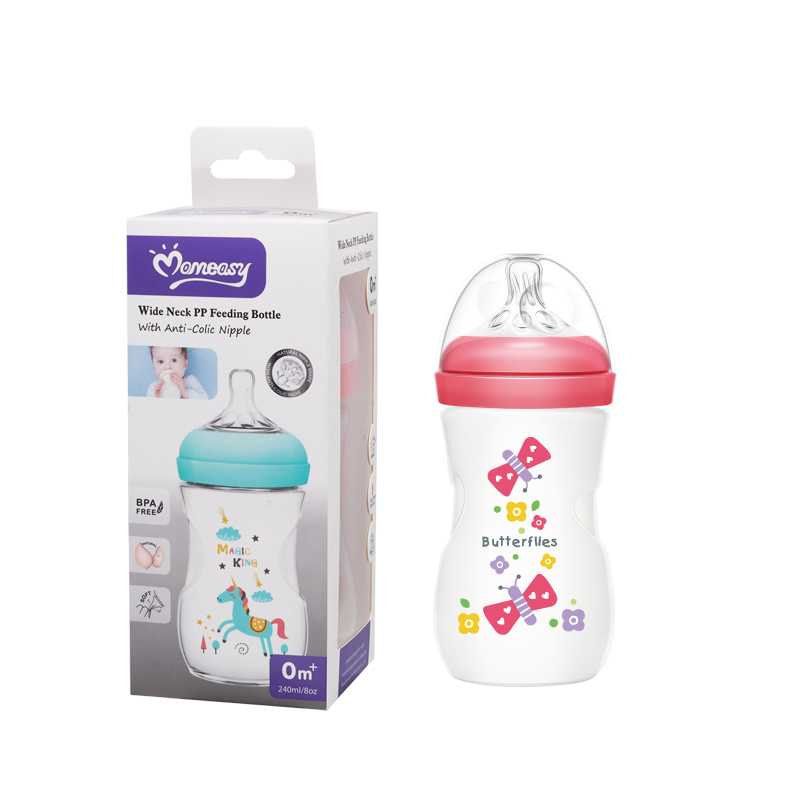 Mamadera de plástico 240ml tetina natural boca ancha, en caja, varios colores MOMEASY