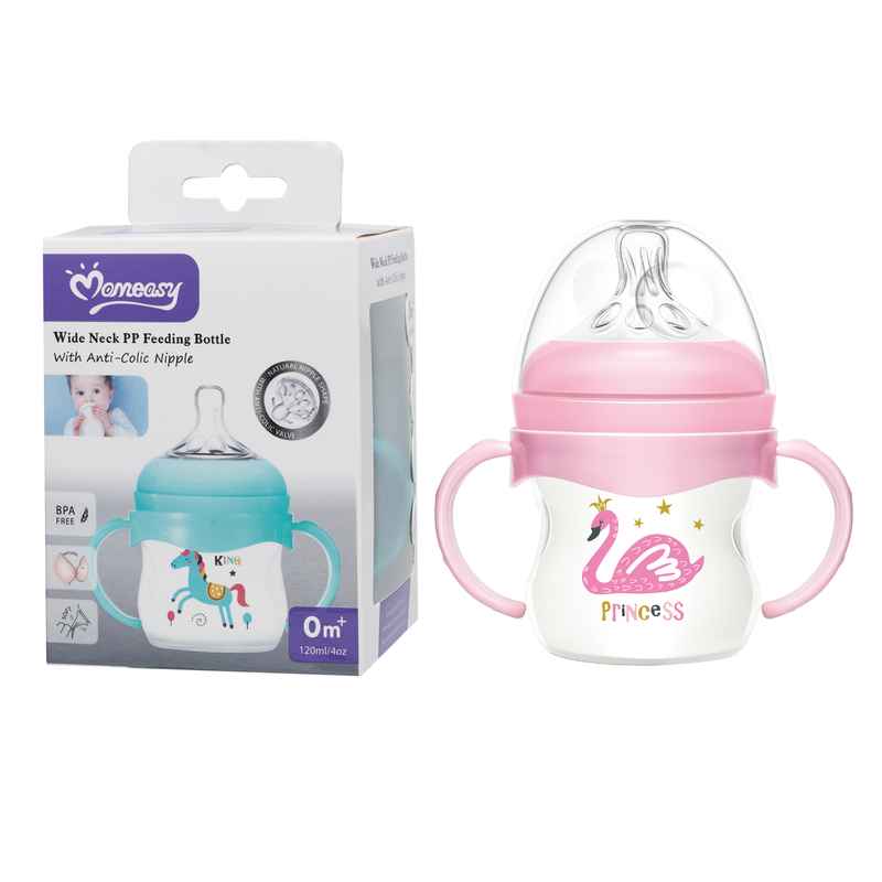 Mamadera de plástico 120ml con asas tetina natural, boca ancha en caja, varios colores MOMEASY
