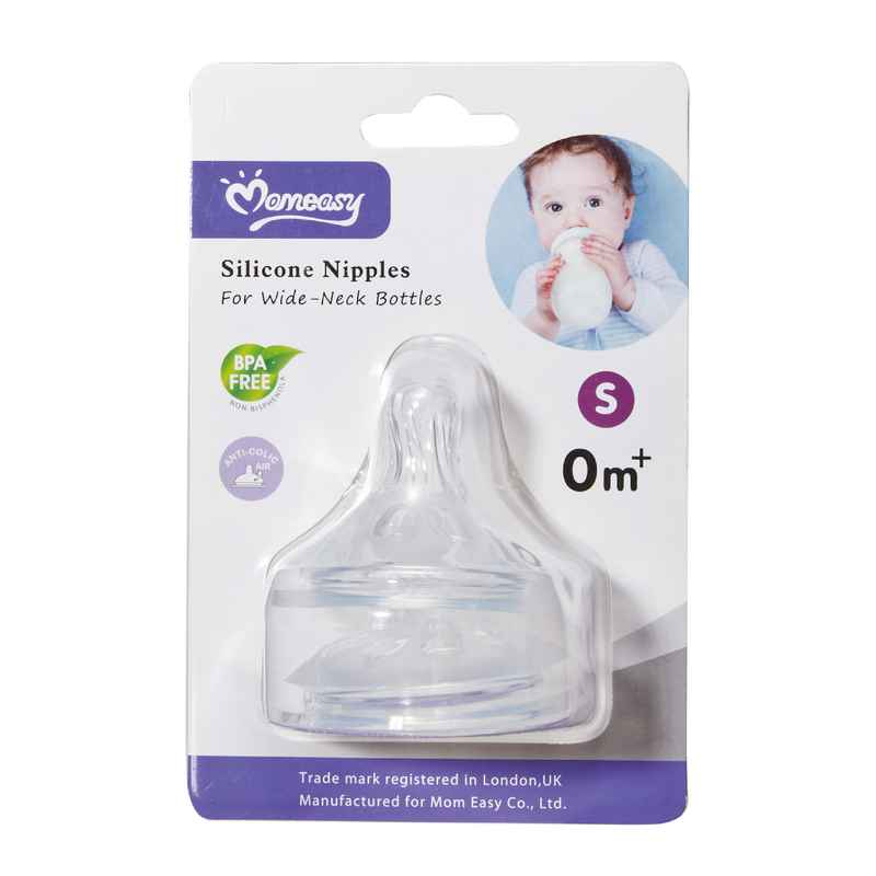 [HC1695] Tetina de silicona x2 anticólicos boca ancha, talle S M L, en blister MOMEASY