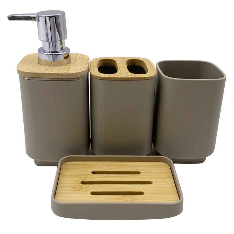 [HC1759] Dispensador de jabón de plástico y bambú, con accesorios, 4 piezas