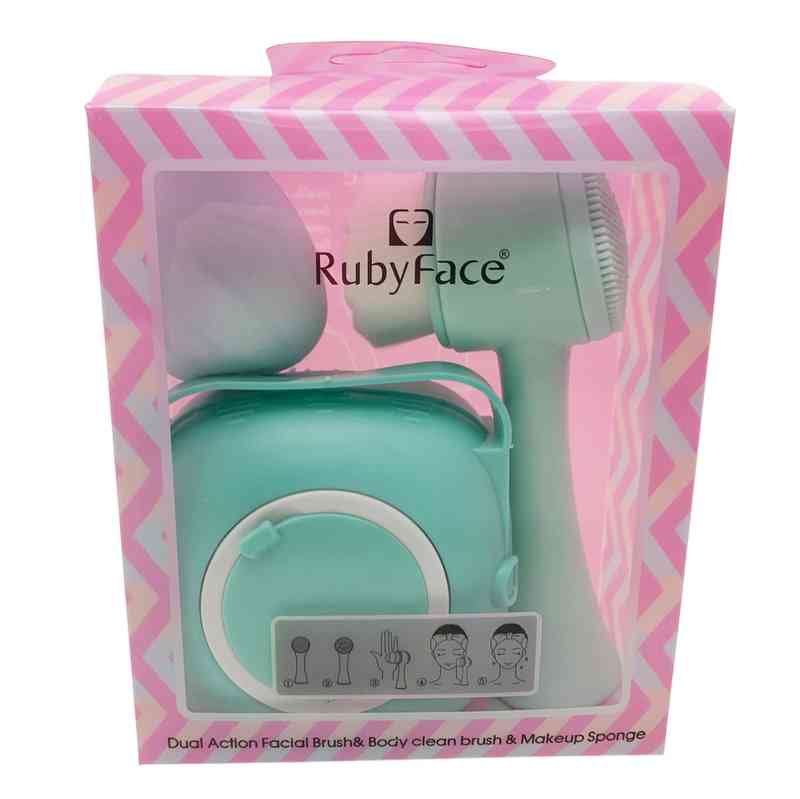 [HC1848] Cepillo facial y cepillo masajeador, con esponja de maquillaje en caja de PVC, varios colores