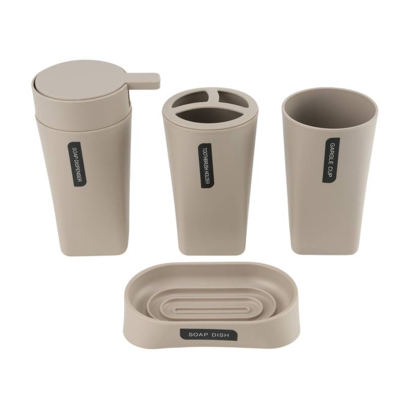 [HC1862B] Dispensador de jabón de plástico, con accesorios, 4 piezas, BEIGE, Berlina Home, en caja