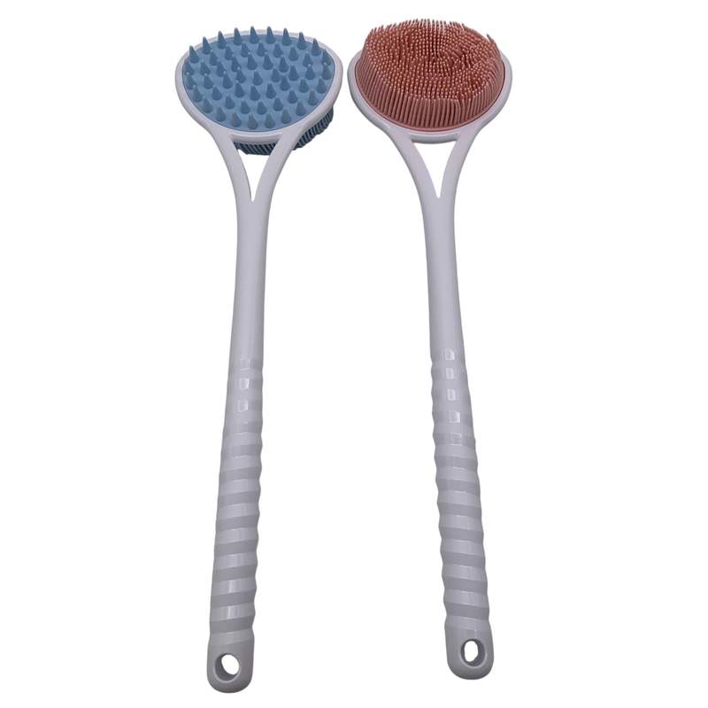 [HC1967] Cepillo corporal mango largo, doble faz de silicona, 2 colores