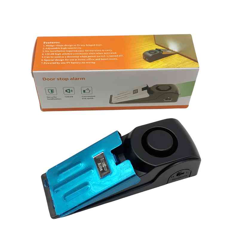 [HE1651] Tranca para puertas, cuña con alarma, batería 9v, en caja