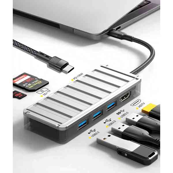 [HE1848] Adaptador multipuerto 7en1 USB-C a USB/HDMI/SD, KLGO en caja