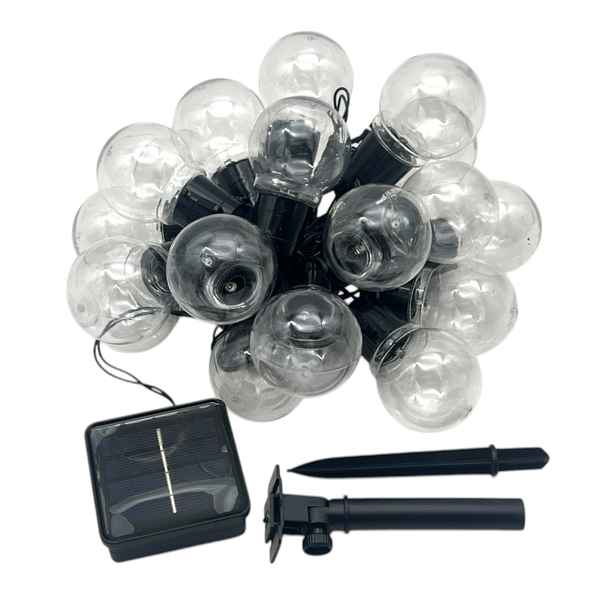 [HE1880] Luces led cálidas, guía de 20 bolas de plástico, recarga solar en caja