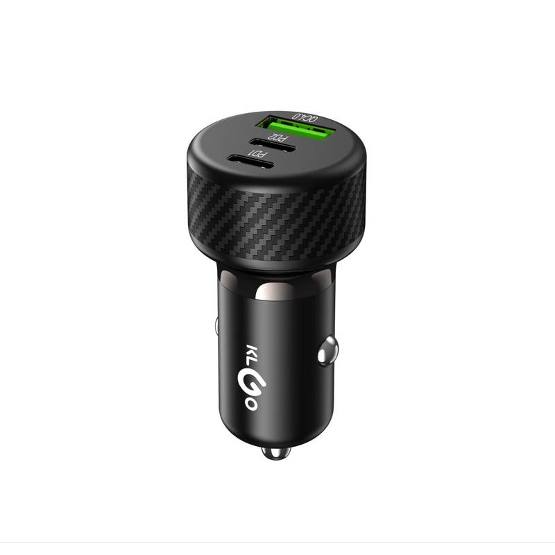 Cargador para auto, 3 entradas, USB-C y USB-A, carga rápida, 120W, KLGO, en caja