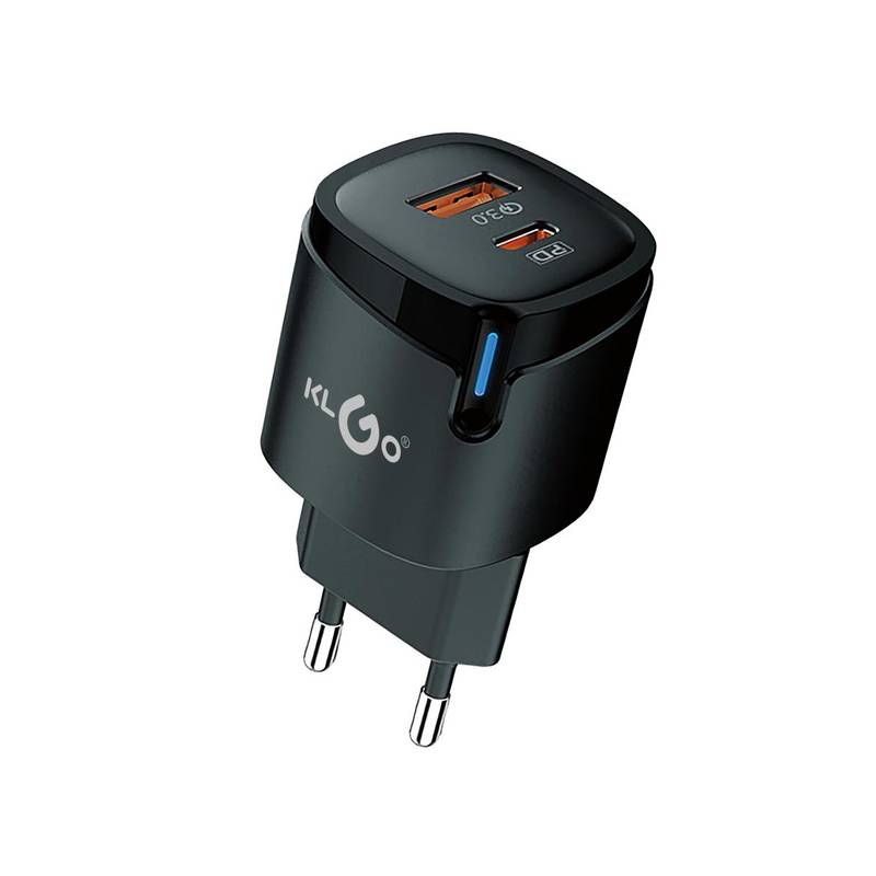 Cargador con entrada USB-C y USB-A, 30W, KLGO, en caja
