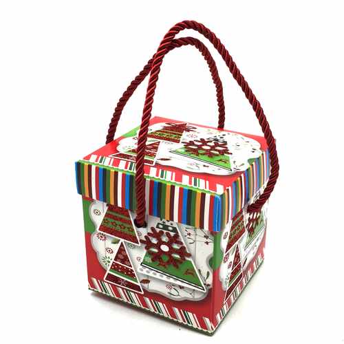 Caja cuadrada con tapa, diseño navideño, con asas de cuerda