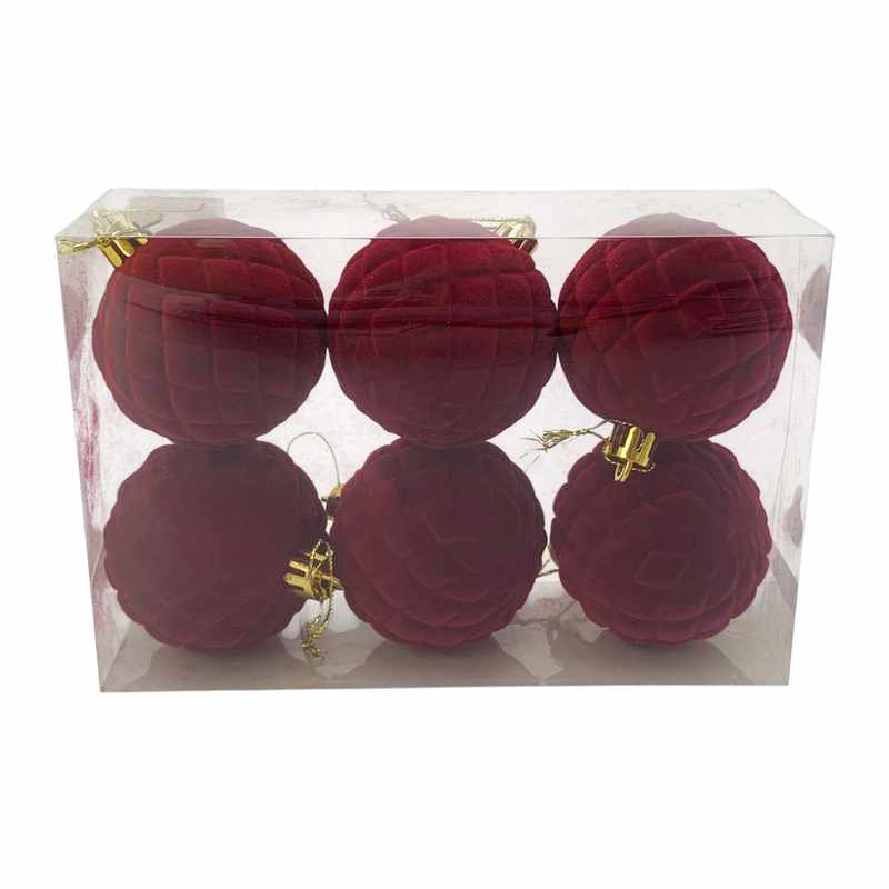 [HN0717] Bolas navideñas x6 6cm, textura símil terciopelo ROJO, en caja