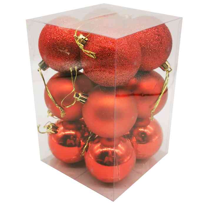 [HN339C] Bolas navideñas x12 5cm 3 texturas, en caja de mica rojo