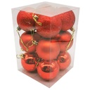 Bolas navideñas x12 5cm 3 texturas, en caja de mica rojo