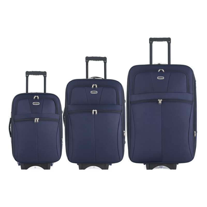 [HW934B] Valijas Berlina x3 AZUL, de arrastre, semi rígidas, ruedas en línea, fuelle 5cm con base extensible, 2bolsillos exteriores, manija telescópica, tranca numérica, correa para ajustar ropa, bolsillo