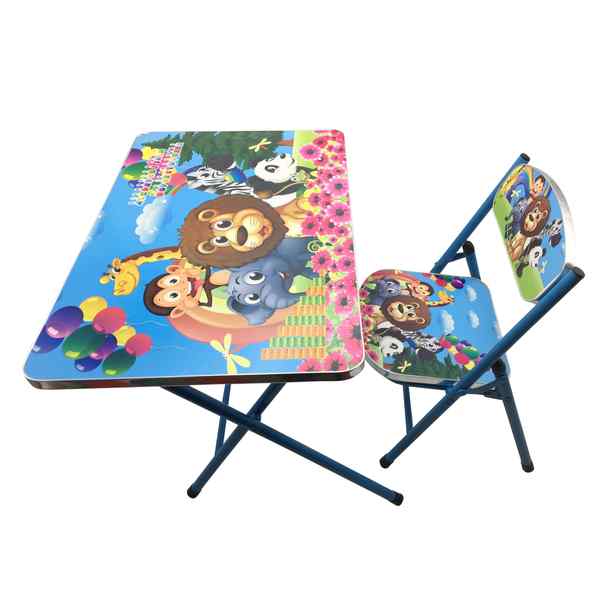 Mesa y silla plegable, madera y metal AZUL, varios diseños en caja