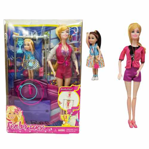 Muñeca con hija, con accesorios gimnasia, en caja