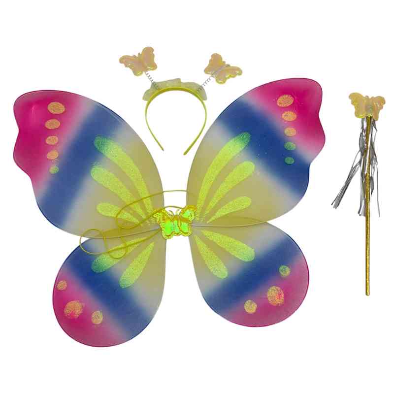 Disfraz alitas, mariposa multicolor con tiara y varita, en bolsa