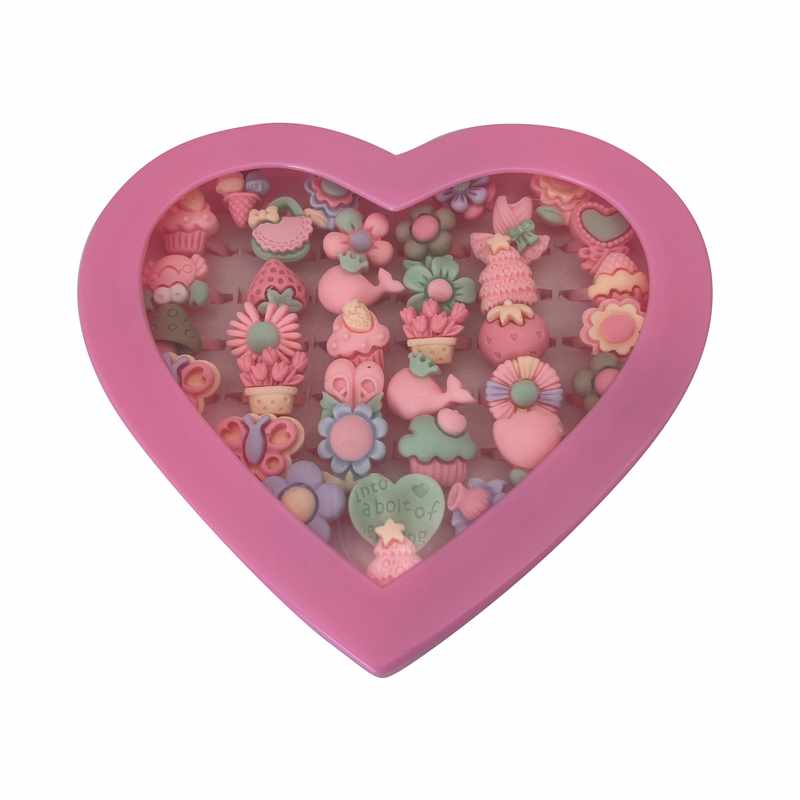 [JA2399] Anillos de plástico y resina x36, en caja corazón