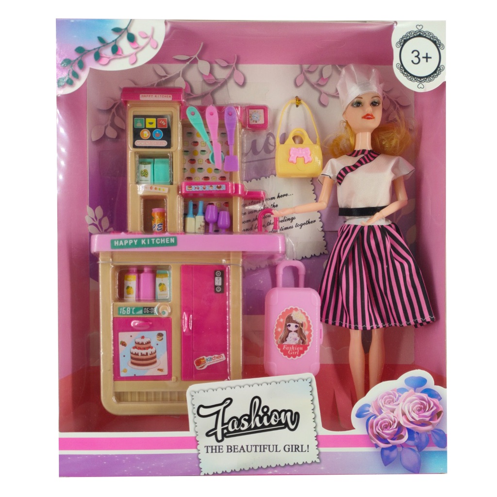 Muñeca articulada, con accesorios de cocina, en caja