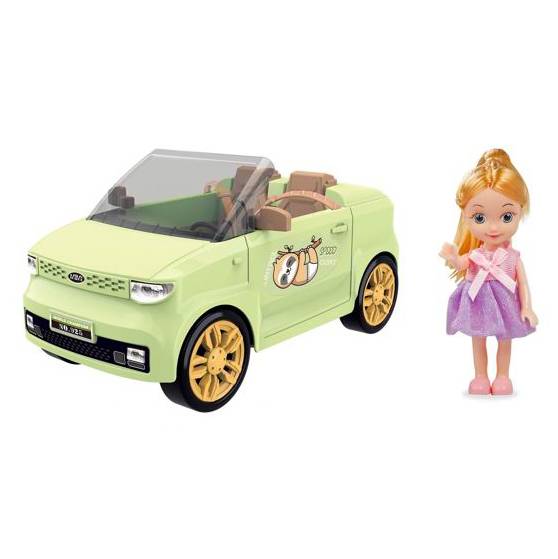 Muñeca con vehículo, en caja