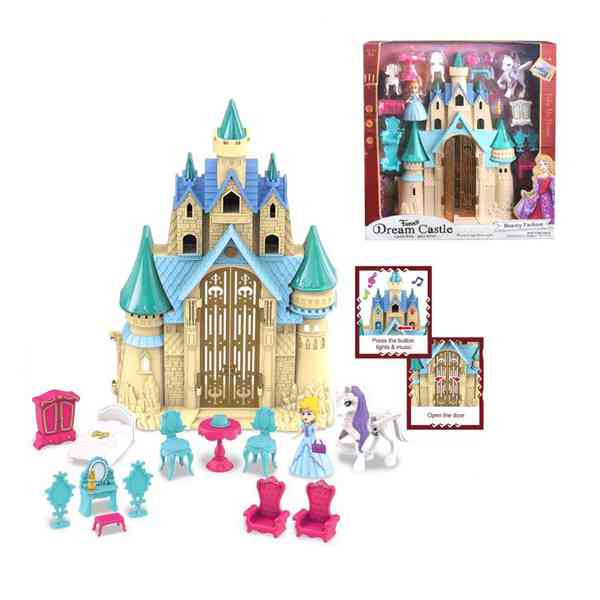 Castillo con muebles, muñeca y accesorios, con luz y sonido, en caja