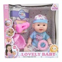 Bebote, cuerpo de plástico y cara de goma, con mamadera y accesorios, en caja