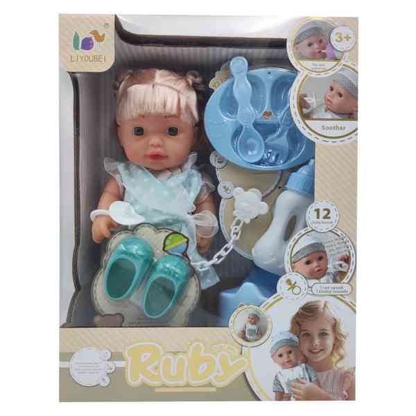 Muñeca, cuerpo de plástico y cara de goma, con sonido, hace pis, con accesorios, en caja