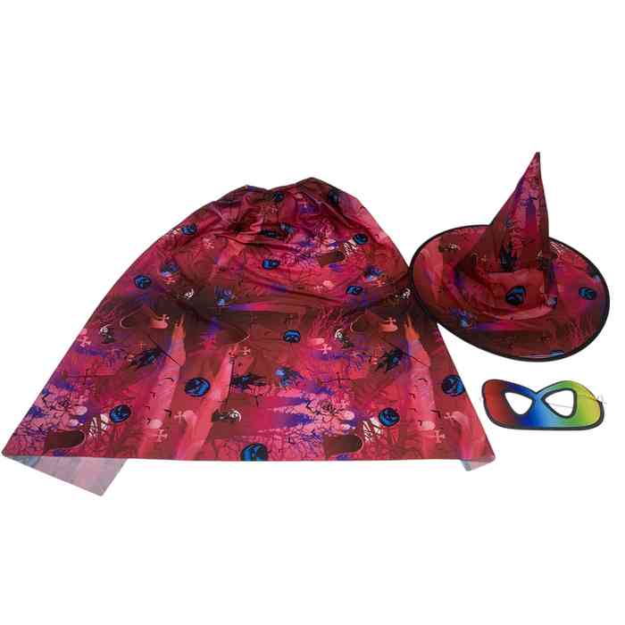 [JH1008] Disfraz de bruja, gorro, capa y antifaz, en bolsa, varios colores