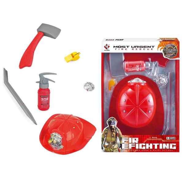 [JO5498] Herramientas de bomberos, 4 piezas con casco, en caja