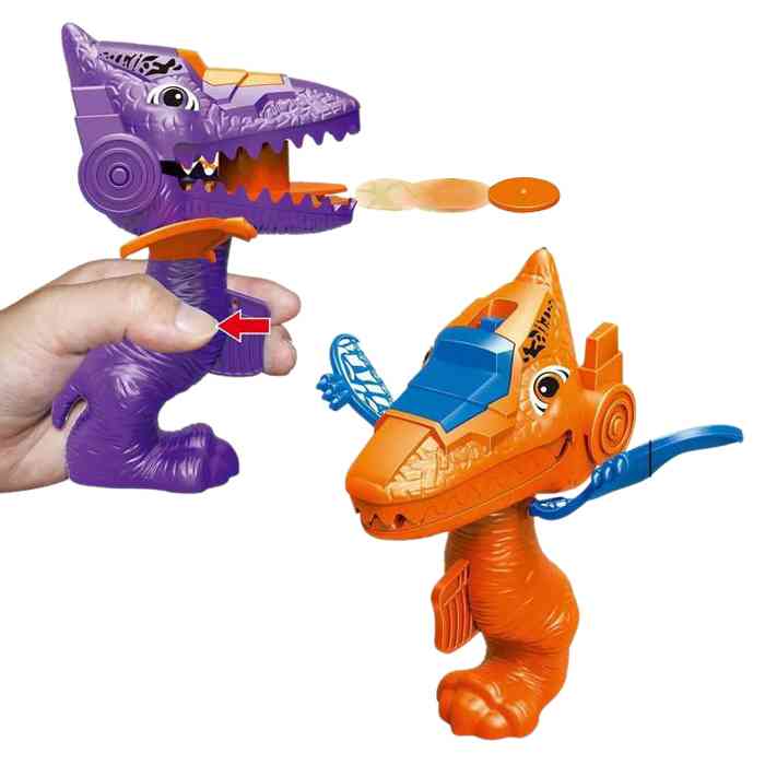 [JO5703] Pistola lanza tazos, dinosaurio, en caja, varios colores