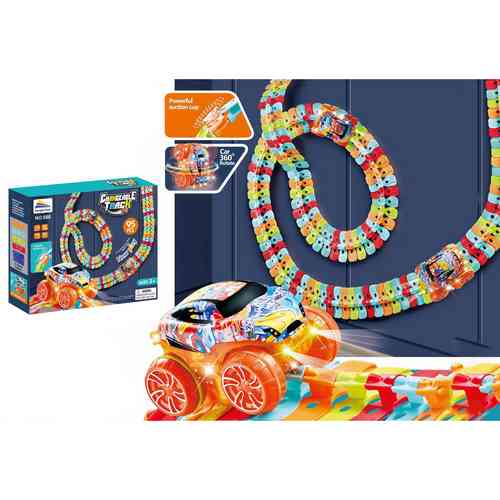 Pista flexible flúo con ventosas para fijar a vidrios, auto con luz, 95 piezas, 3AAA en caja